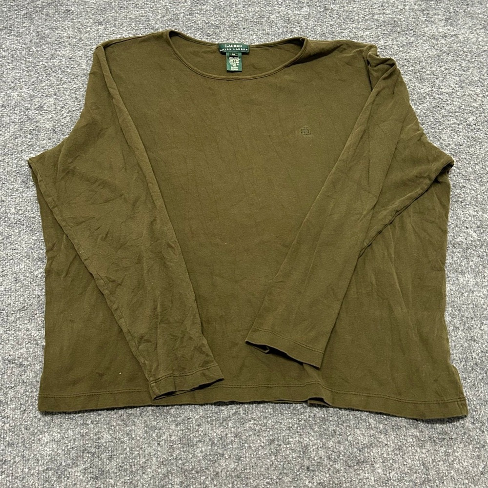 Lauren Ralph Lauren Shirt Womens 2X Olive Green Cotton Long Sleeve Knit Top Logo